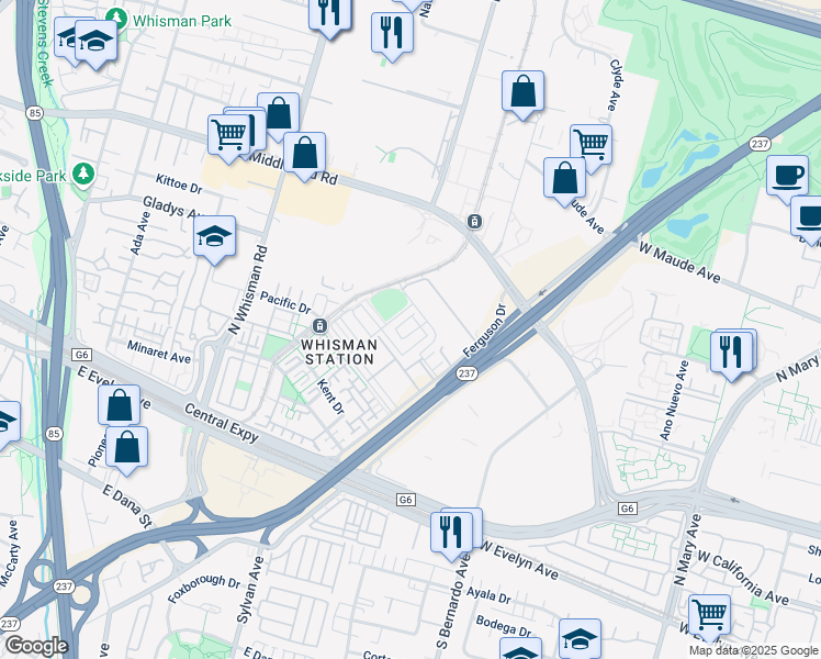 map of restaurants, bars, coffee shops, grocery stores, and more near 143 Orbit Way in Mountain View