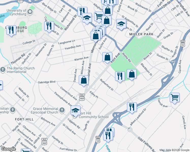 map of restaurants, bars, coffee shops, grocery stores, and more near 3402 Memorial Avenue in Lynchburg