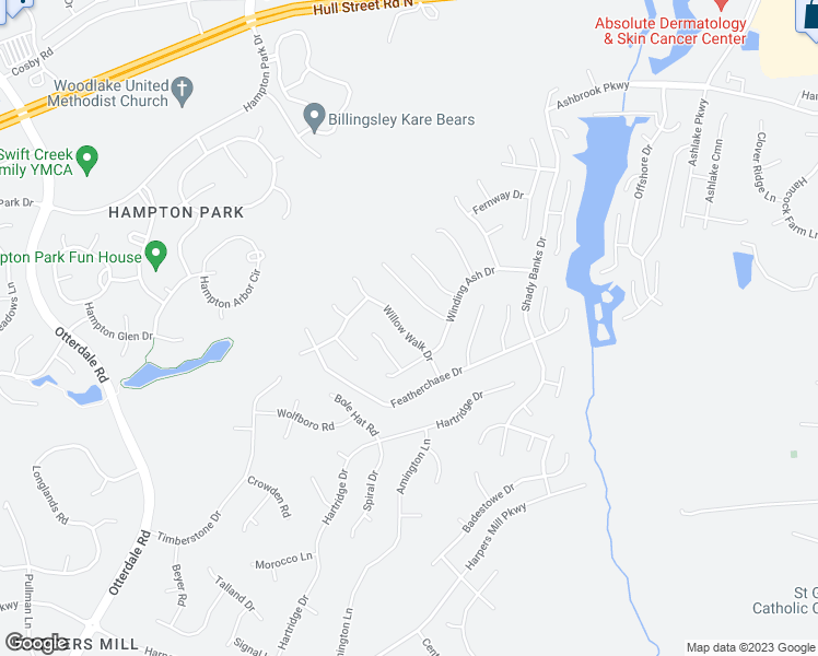 map of restaurants, bars, coffee shops, grocery stores, and more near 7849 Willow Walk Drive in Chesterfield