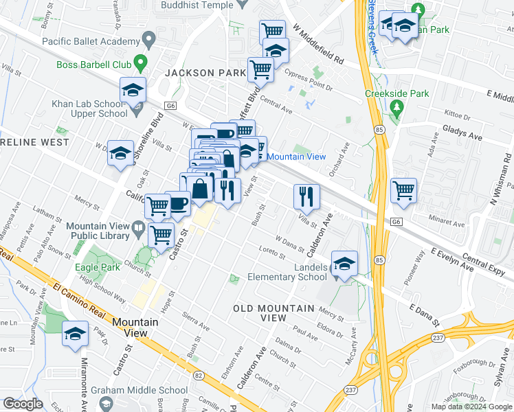map of restaurants, bars, coffee shops, grocery stores, and more near 242 Bush Street in Mountain View