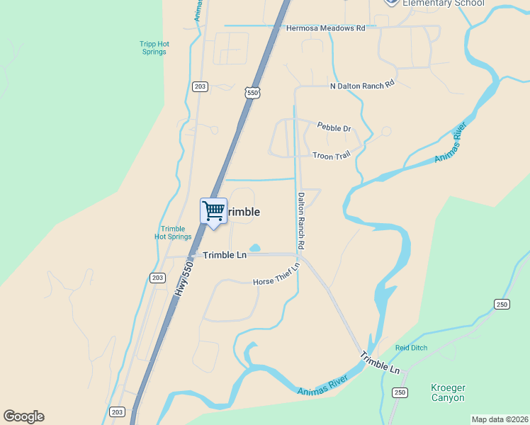 map of restaurants, bars, coffee shops, grocery stores, and more near 208 Trimble Crossing Drive in Durango