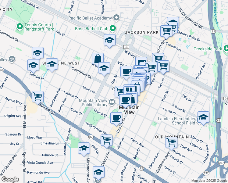 map of restaurants, bars, coffee shops, grocery stores, and more near 1049 California Street in Mountain View