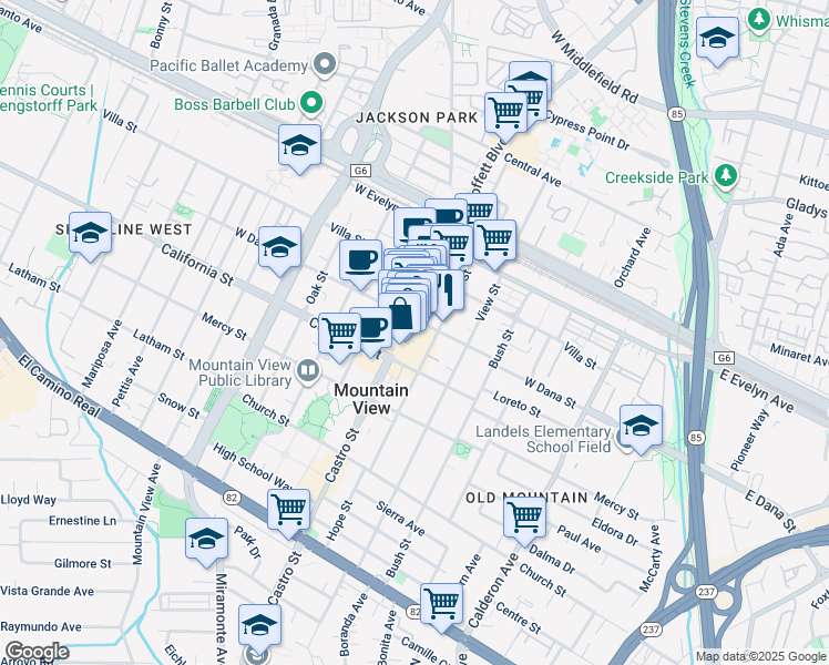 map of restaurants, bars, coffee shops, grocery stores, and more near 705 West Dana Street in Mountain View