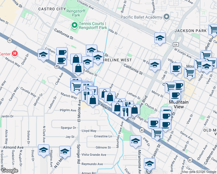 map of restaurants, bars, coffee shops, grocery stores, and more near 605 Mariposa Avenue in Mountain View