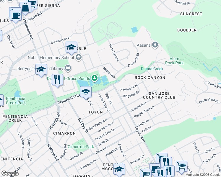 map of restaurants, bars, coffee shops, grocery stores, and more near 989 Selby Lane in San Jose