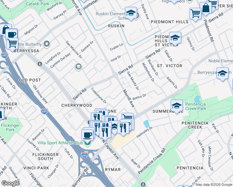 map of restaurants, bars, coffee shops, grocery stores, and more near 2664 Peridot Place in San Jose