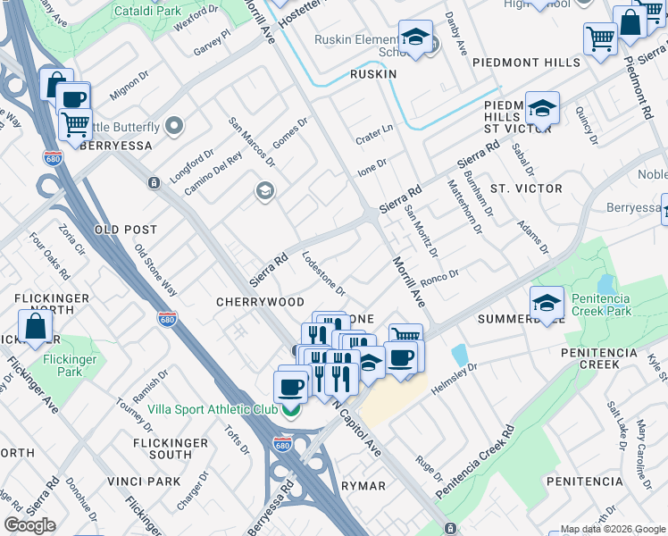 map of restaurants, bars, coffee shops, grocery stores, and more near 1256 Lodestone Drive in San Jose