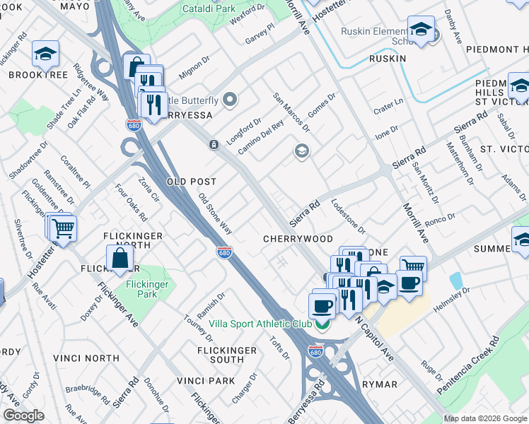 map of restaurants, bars, coffee shops, grocery stores, and more near 2333 Old Post Way in San Jose