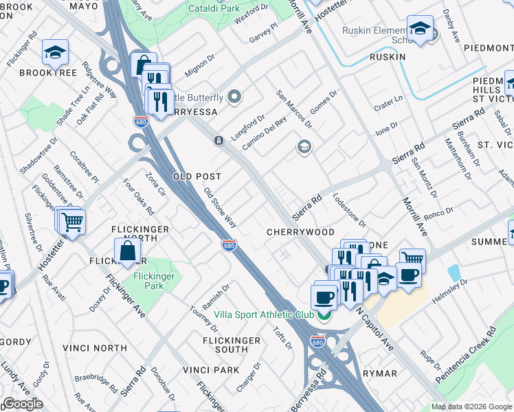 map of restaurants, bars, coffee shops, grocery stores, and more near 2333 Old Post Way in San Jose