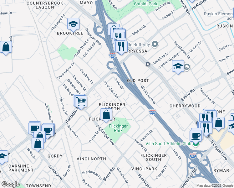 map of restaurants, bars, coffee shops, grocery stores, and more near 2211 Zoria Circle in San Jose