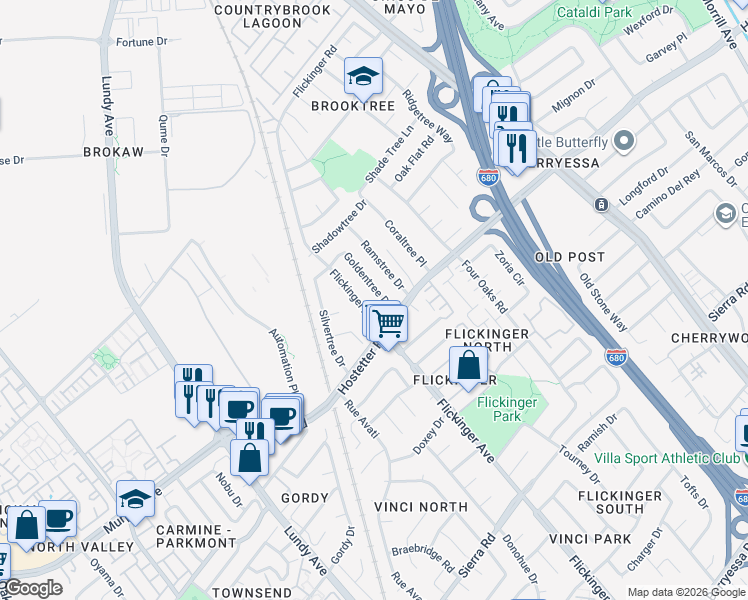 map of restaurants, bars, coffee shops, grocery stores, and more near 1619 Goldentree Drive in San Jose
