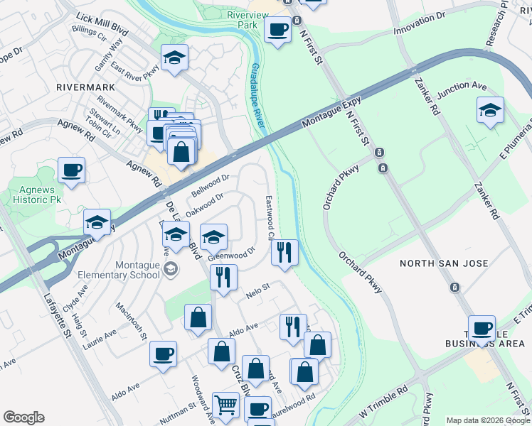 map of restaurants, bars, coffee shops, grocery stores, and more near 3706 Eastwood Circle in Santa Clara