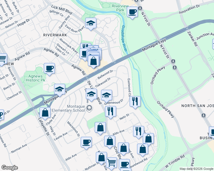 map of restaurants, bars, coffee shops, grocery stores, and more near 541 Woodstock Way in Santa Clara
