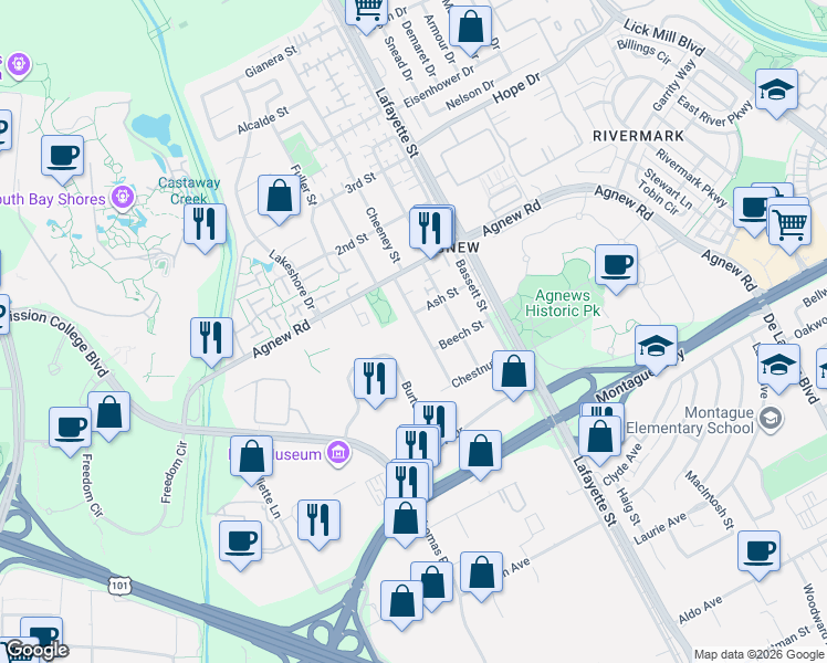 map of restaurants, bars, coffee shops, grocery stores, and more near 4154 Cheeney Street in Santa Clara