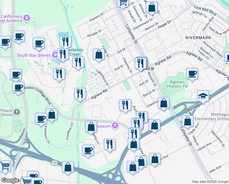 map of restaurants, bars, coffee shops, grocery stores, and more near 2200 Agnew Road in Santa Clara