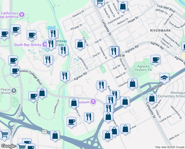 map of restaurants, bars, coffee shops, grocery stores, and more near 2200 Agnew Road in Santa Clara