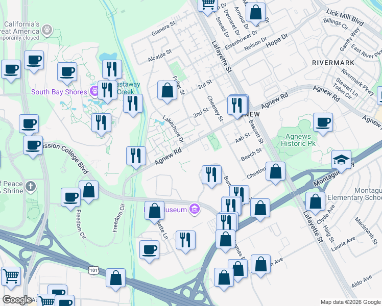 map of restaurants, bars, coffee shops, grocery stores, and more near 2200 Agnew Road in Santa Clara