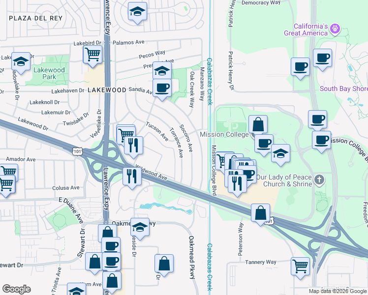 map of restaurants, bars, coffee shops, grocery stores, and more near 1317 Torrance Avenue in Sunnyvale
