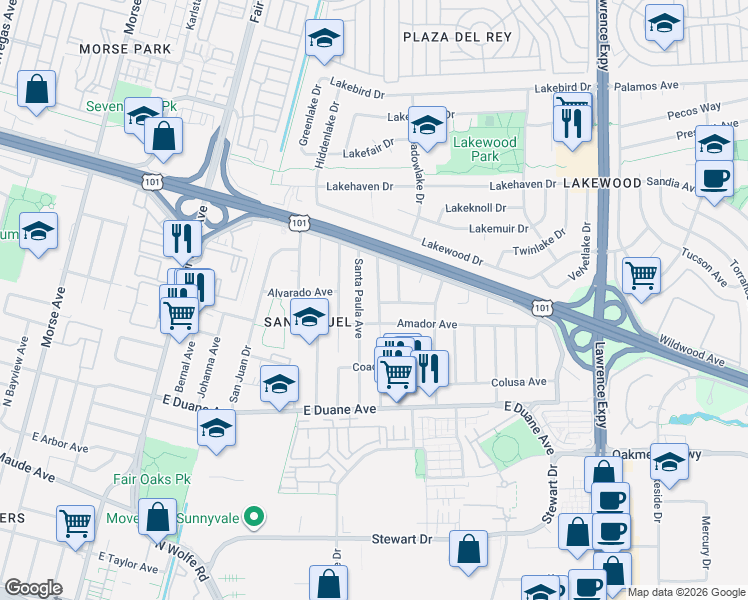 map of restaurants, bars, coffee shops, grocery stores, and more near 779 San Ramon Avenue in Sunnyvale