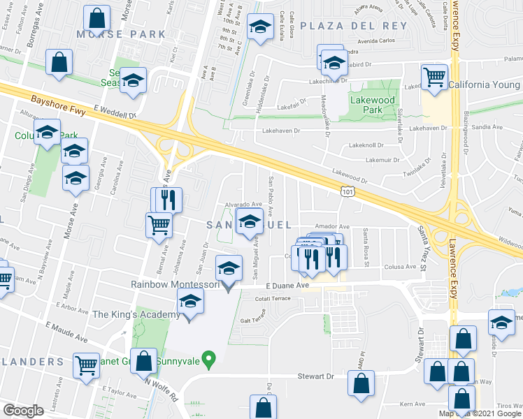 map of restaurants, bars, coffee shops, grocery stores, and more near 780 San Pablo Avenue in Sunnyvale