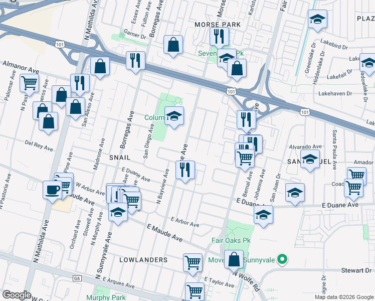 map of restaurants, bars, coffee shops, grocery stores, and more near 674 Morse Avenue in Sunnyvale