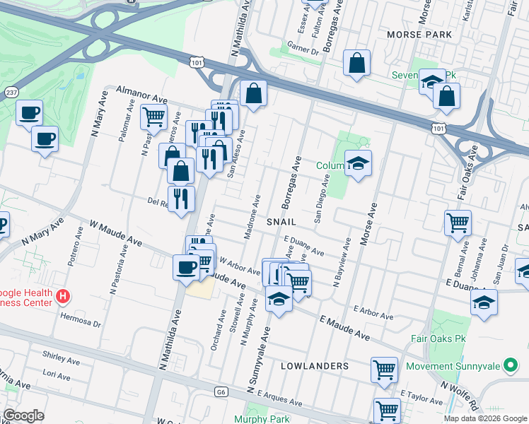 map of restaurants, bars, coffee shops, grocery stores, and more near in Sunnyvale