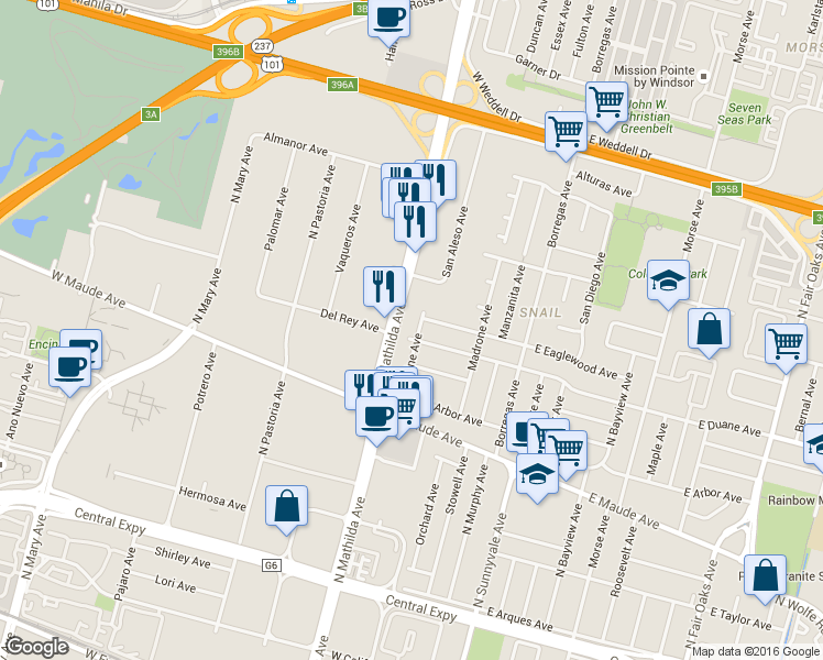 map of restaurants, bars, coffee shops, grocery stores, and more near 600 North Mathilda Avenue in Sunnyvale