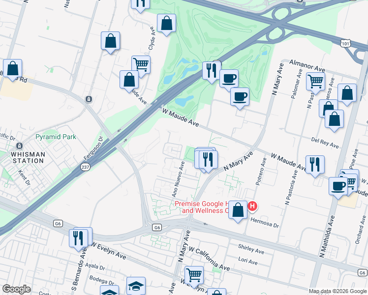 map of restaurants, bars, coffee shops, grocery stores, and more near 443 Costa Mesa Terrace in Sunnyvale