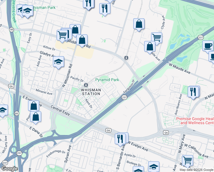 map of restaurants, bars, coffee shops, grocery stores, and more near 143 Orbit Way in Mountain View