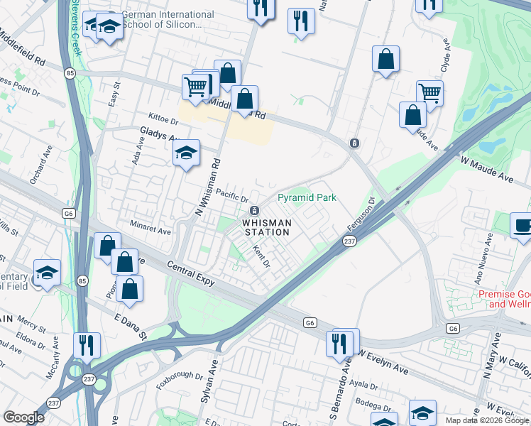 map of restaurants, bars, coffee shops, grocery stores, and more near 190 Campbell Drive in Mountain View