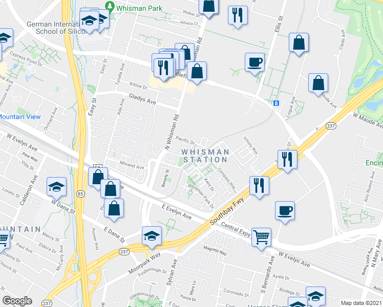map of restaurants, bars, coffee shops, grocery stores, and more near 360 Flower Lane in Mountain View