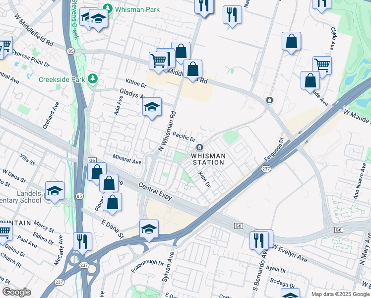 map of restaurants, bars, coffee shops, grocery stores, and more near 360 Flower Lane in Mountain View