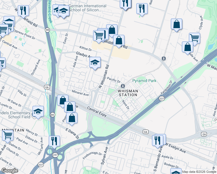 map of restaurants, bars, coffee shops, grocery stores, and more near in Mountain View