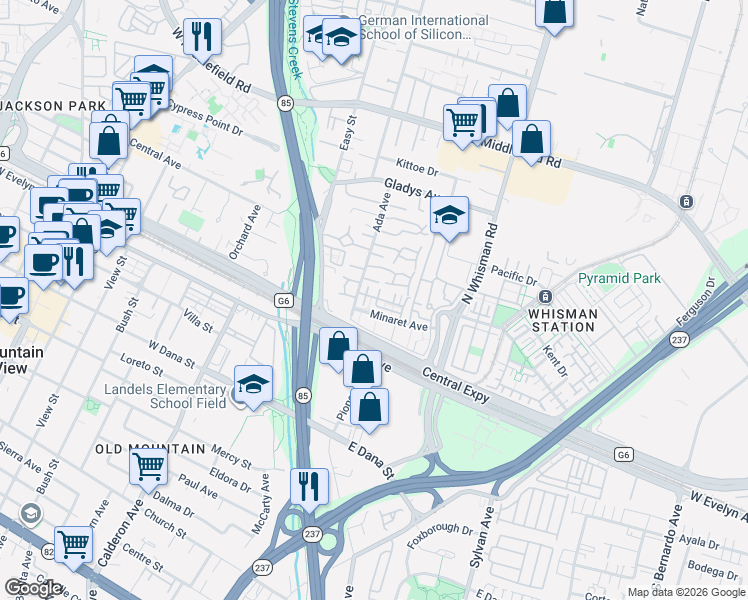 map of restaurants, bars, coffee shops, grocery stores, and more near 113 Avellino Way in Mountain View