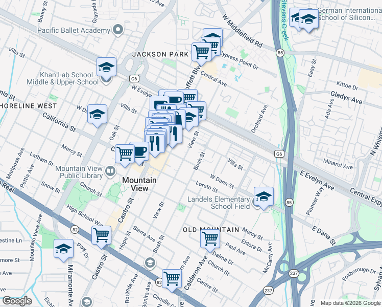 map of restaurants, bars, coffee shops, grocery stores, and more near 298 View Street in Mountain View
