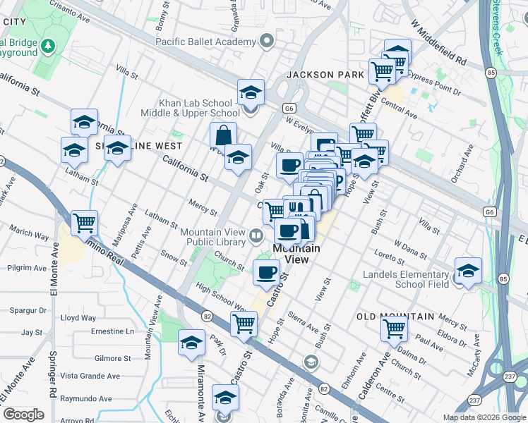 map of restaurants, bars, coffee shops, grocery stores, and more near 1049 California Street in Mountain View