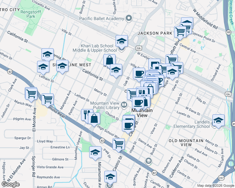 map of restaurants, bars, coffee shops, grocery stores, and more near 460 Oak Street in Mountain View