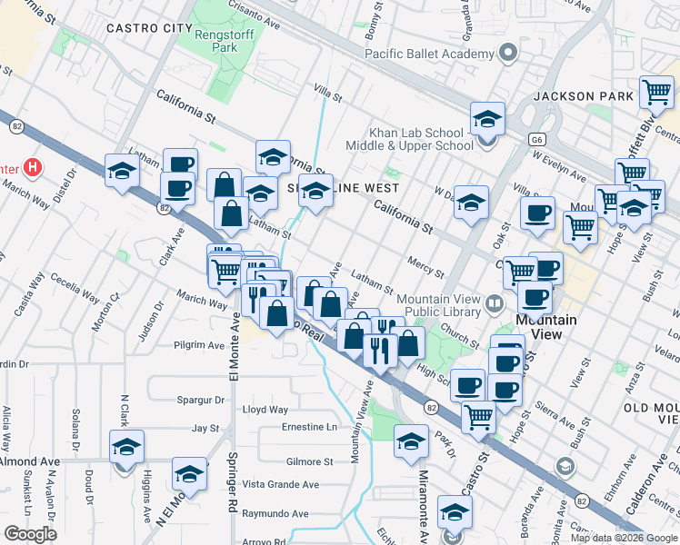 map of restaurants, bars, coffee shops, grocery stores, and more near 605 Mariposa Avenue in Mountain View