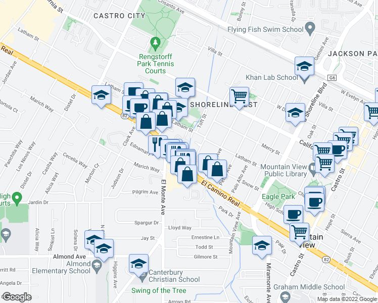 map of restaurants, bars, coffee shops, grocery stores, and more near 688 Chiquita Avenue in Mountain View