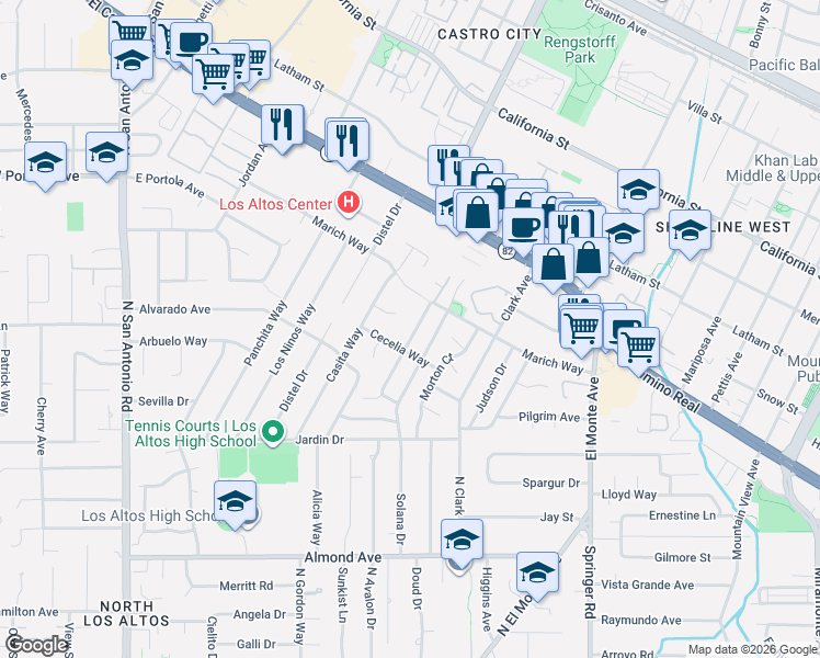 map of restaurants, bars, coffee shops, grocery stores, and more near 1060 Karen Way in Mountain View