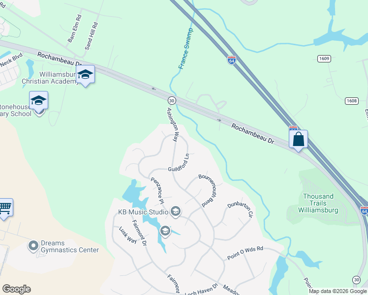 map of restaurants, bars, coffee shops, grocery stores, and more near 8419 Ashington Way in Williamsburg