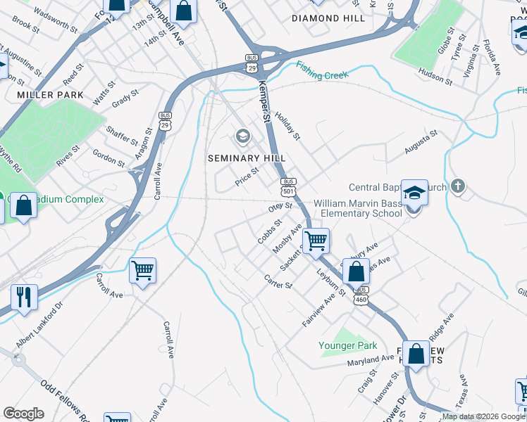 map of restaurants, bars, coffee shops, grocery stores, and more near 2267 Otey Street in Lynchburg