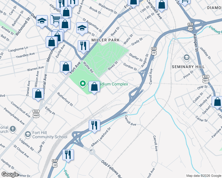 map of restaurants, bars, coffee shops, grocery stores, and more near 1620 Wythe Road in Lynchburg