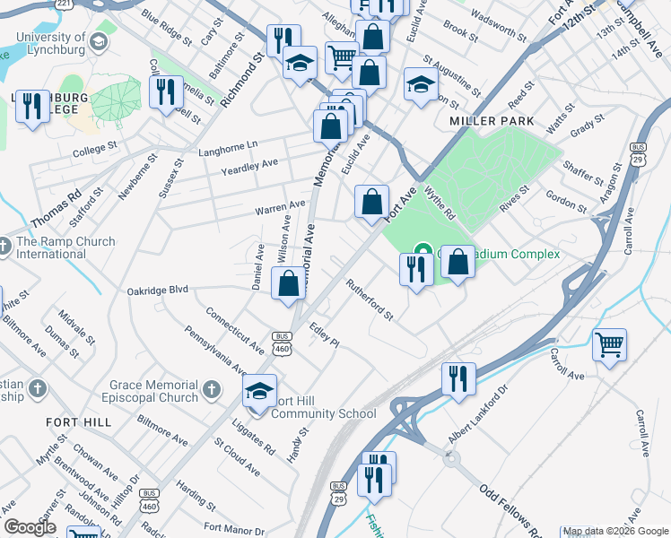 map of restaurants, bars, coffee shops, grocery stores, and more near 3402 Memorial Avenue in Lynchburg