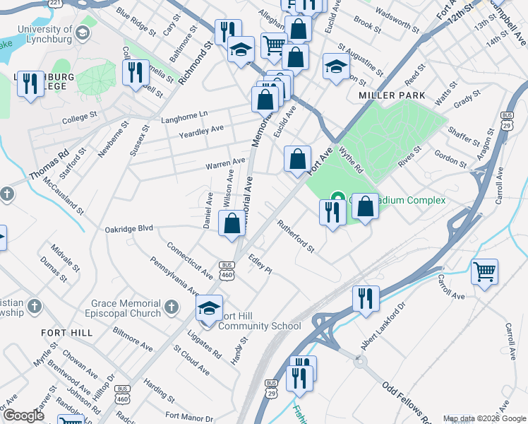 map of restaurants, bars, coffee shops, grocery stores, and more near 3402 Memorial Avenue in Lynchburg