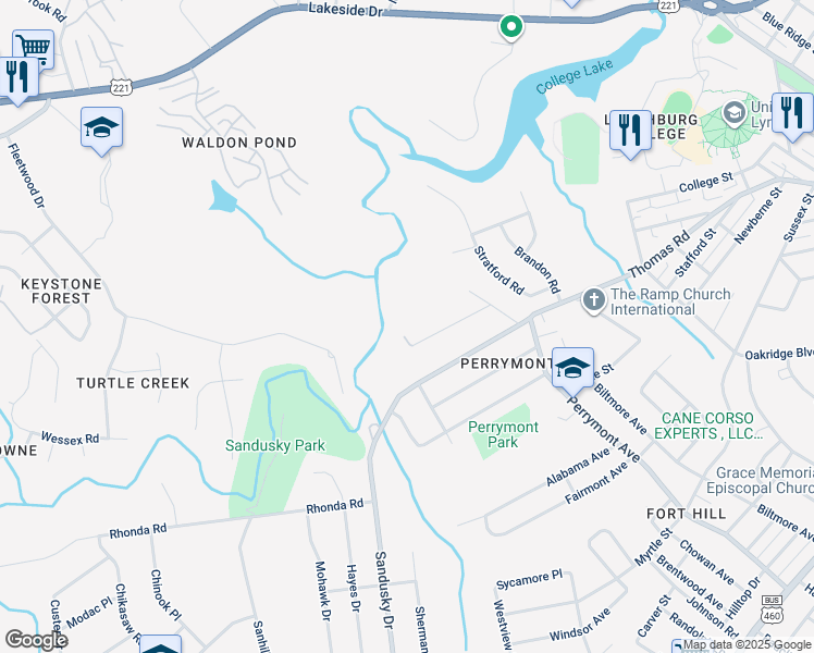 map of restaurants, bars, coffee shops, grocery stores, and more near 4635 Ferncliff Drive in Lynchburg