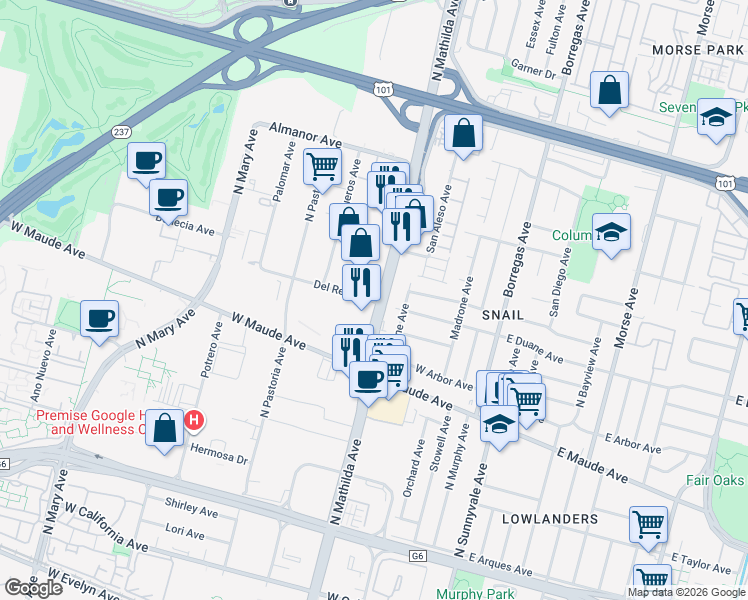 map of restaurants, bars, coffee shops, grocery stores, and more near 605 North Mathilda Avenue in Sunnyvale