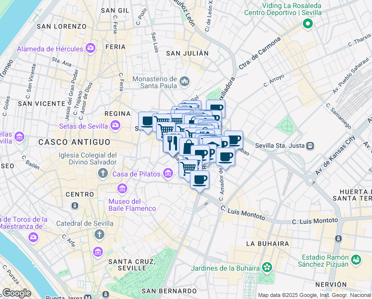 map of restaurants, bars, coffee shops, grocery stores, and more near in Seville