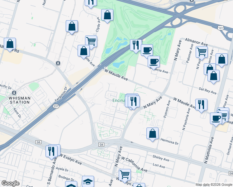 map of restaurants, bars, coffee shops, grocery stores, and more near 449 Costa Mesa Terrace in Sunnyvale