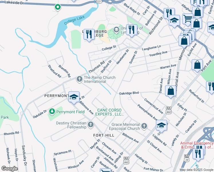 map of restaurants, bars, coffee shops, grocery stores, and more near 805 McCausland Street in Lynchburg